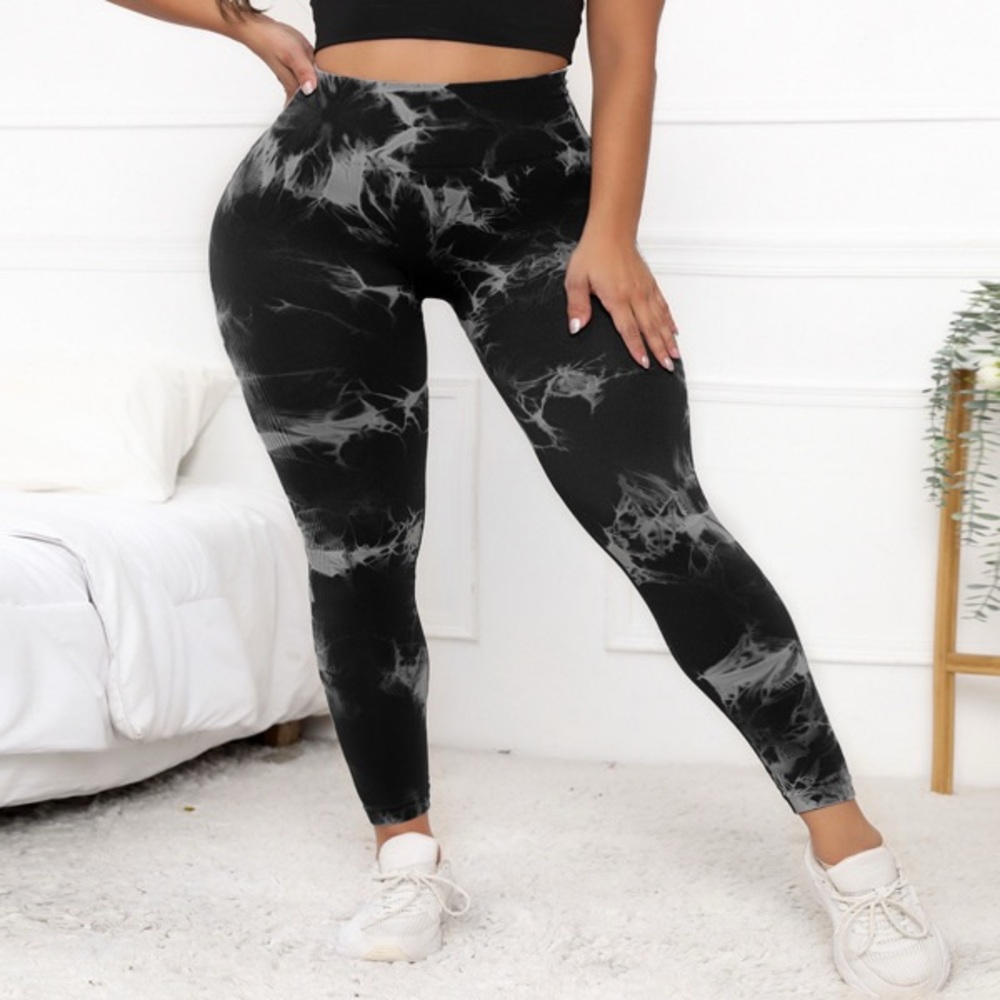 Women's Black/Gray Tie-Dye Hidden Scrunch Leggings, High-Waist Sports Yoga Pants
